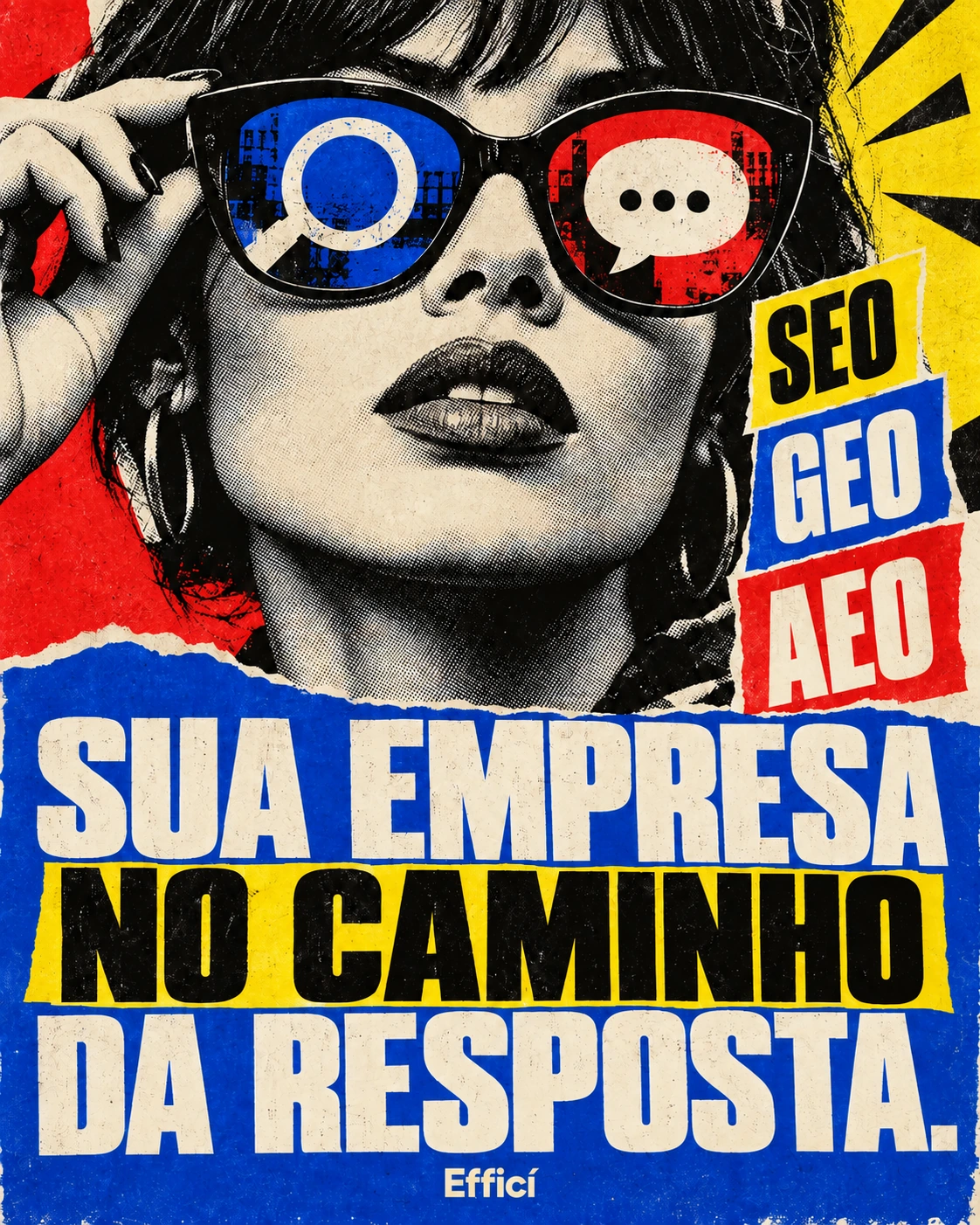 Pôster Pop Art com mulher de óculos, lupa e balão de fala: SEO, GEO, AEO. Sua empresa no caminho da resposta.